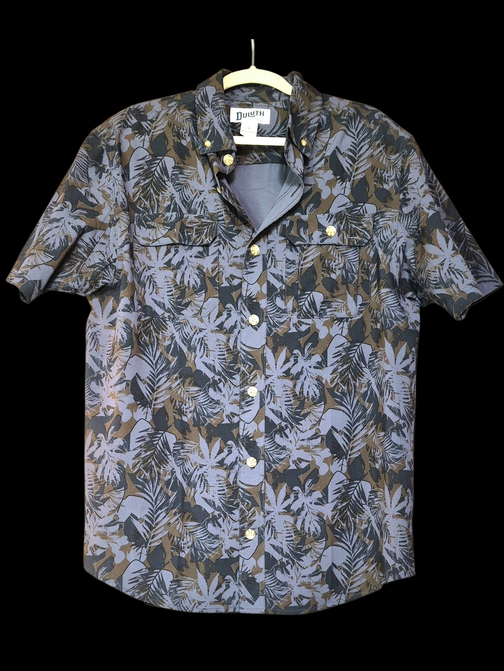 Duluth Trading Company Hawaiian Print short sleeve Button Collared Blue Medium